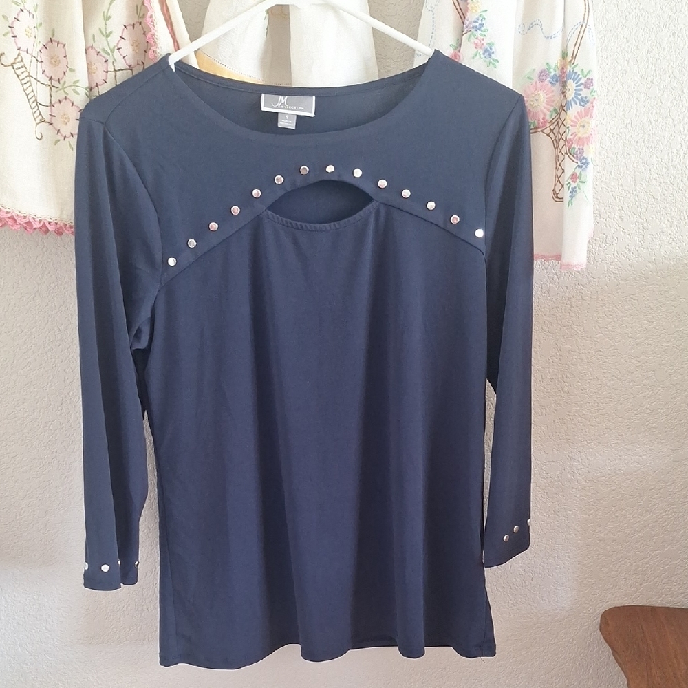 JM Collection Navy Long Sleeve Top with Stud Details